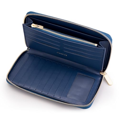 Luxury Real Leather Zip Around Travel Wallet | Large Capicity Card Holder Organizer | Classic Phone Clutch for Men Women (Navy - Saffiano Leather) - color: Navy - Saffiano Leather