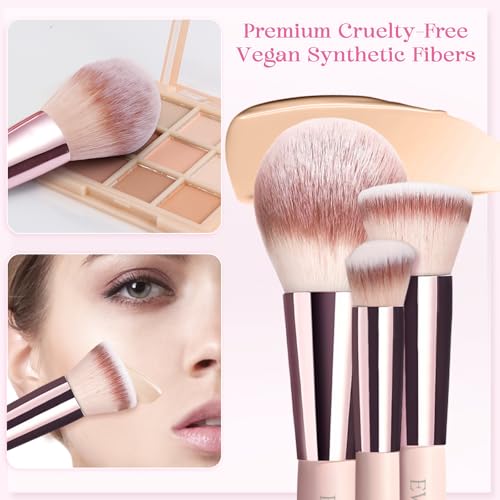 15pcs Travel Makeup Brushes Foundation Powder Concealers Eye Shadows Travel Mini Makeup Brush Set with 12pcs Puff, Sponge and Bag (pink)