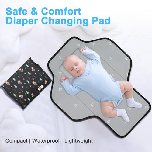 Baby Portable Changing Pad Travel - Waterproof Compact Diaper Changing Mat with Built-in Pillow - Lightweight & Foldable Baby Diaper Changer, Newborn Shower Gifts - color: Black-Woods