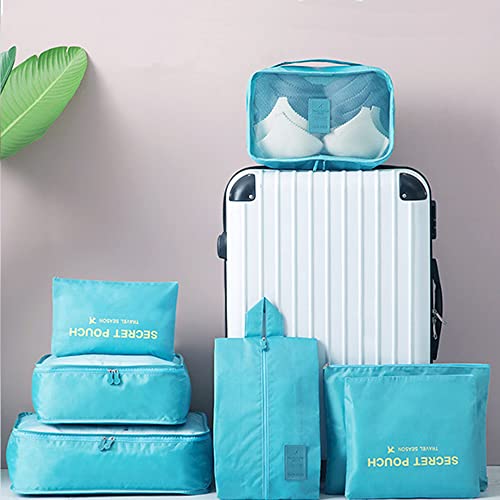 7 Set Packing Cubes, Travel Foldable Luggage Organizers Storage Bag Accessories Suitcase with Laundry Bag & Shoe Bag, Blue - color: Light Blue