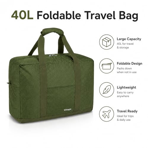 Foldable Travel Duffle Bag with Trolley Sleeve 40L Capacity, Lightweight Packable Travel Duffel Bags with the Keyhole Zipper, Weekender Overnight Nylon Carry on Bag for Men & Women, Army Green - color: Green