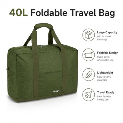Foldable Travel Duffle Bag with Trolley Sleeve 40L Capacity, Lightweight Packable Travel Duffel Bags with the Keyhole Zipper, Weekender Overnight Nylon Carry on Bag for Men & Women, Army Green - color: Green