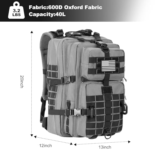 Hannibal Tactical MOLLE Assault Backpack, Tactical Backpack Military Army Camping Rucksack, 3-Day Pack Trip w/USA Flag Patch, D-Rings Grey and Black - color: Grey and Black