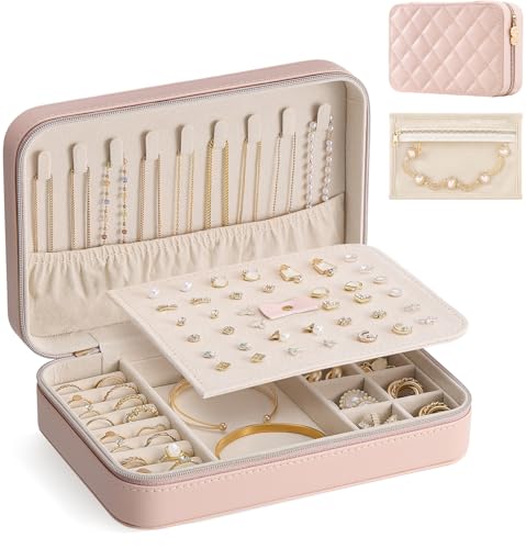 Lolalet Travel Jewelry Case for Women Girls, PU Leather Jewelry Organizer with Clear Storage Bag Small Portable Jewelry Box for Necklace Bracelet Earring Ring Birthday Bridesmaid Gifts -Large/Pink - color: Pink, size: Large (8.2"W*4.2"D*2.4"H)
