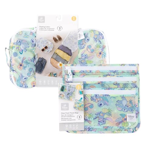 Bumkins Packing Cubes and TSA Approved Pouches for Travel Bag, Organize Luggage with Compression Bags, Essential Traveling Accessories to Pack Clothes, Toiletries, Carryon Suitcase, 5-pc Disney Stitch - color: B6 Aloha Stitch-set