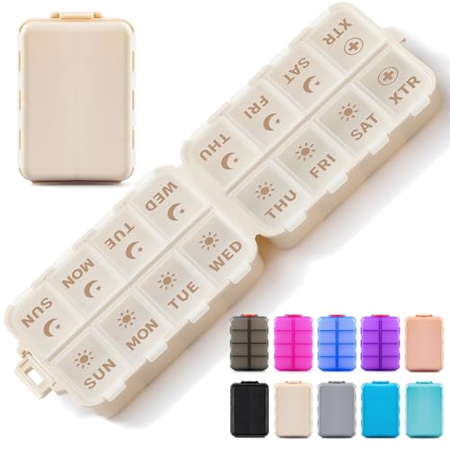 Foldable & Portable Pill Organizer 2 Times A Day with Extra Compartments - Etched Labels - Weekly 7 Day AM PM Medicine Box, Week Daily Travel Pill Case Holder Dispenser for Vitamin, Supplement - Khaki - color: Khaki, size: AM & PM & EXTRA