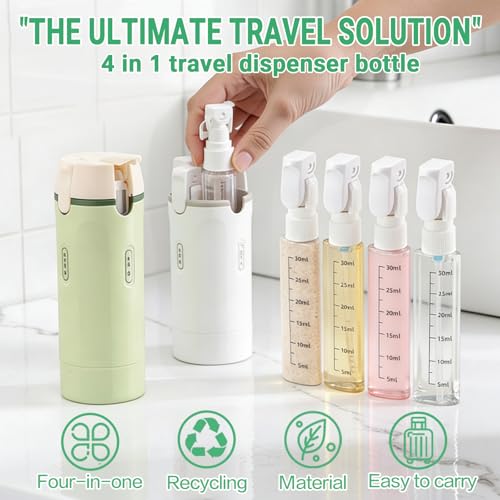 4 in 1 Travel Dispenser Bottle for Flying Essentials Camping Toiletries Pump Leak Proof Size TSA Travel Containers Portable Refillable Hard Shell Rotating Design with Scale and Labels (White) - color: White