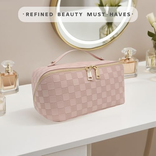 Travel Makeup Bag – Large Cosmetic Organizer with Waterproof PU Leather, Smooth Double Zipper & Tear-Resistant Lining, Toiletry Pouch for Women (Pink) - color: 02-Pink
