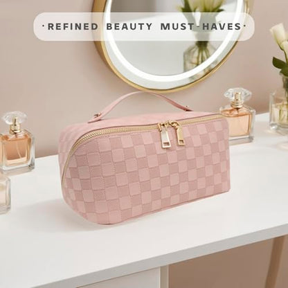 Travel Makeup Bag – Large Cosmetic Organizer with Waterproof PU Leather, Smooth Double Zipper & Tear-Resistant Lining, Toiletry Pouch for Women (Pink) - color: 02-Pink
