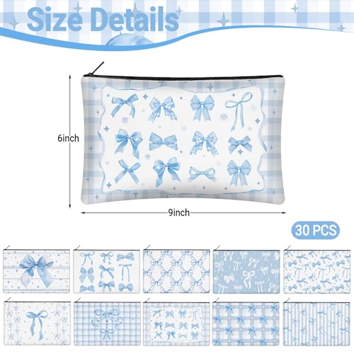 30 Pcs Blue Bow Makeup Bags Coquette Cosmetic Zipper Pouches with Elegant Blue Bow Makeup Bag Bulk Canvas Cosmetic Travel Toiletry Pouch for Women Bridesmaids Wedding Favors - style: Blue Bow