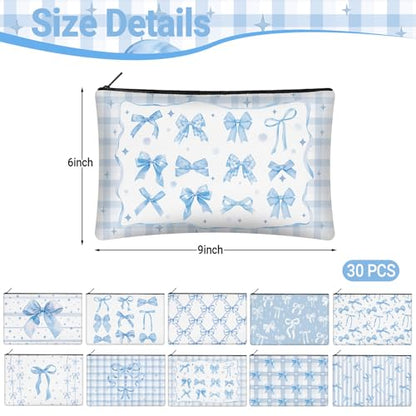 30 Pcs Blue Bow Makeup Bags Coquette Cosmetic Zipper Pouches with Elegant Blue Bow Makeup Bag Bulk Canvas Cosmetic Travel Toiletry Pouch for Women Bridesmaids Wedding Favors - style: Blue Bow