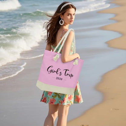 Fokongna Tote Bag For Women, Beach Bag Best Friend Travel Birthday Gifts, Travel Parties Vacation Shopping Essentials - color: Girls Trip Pink