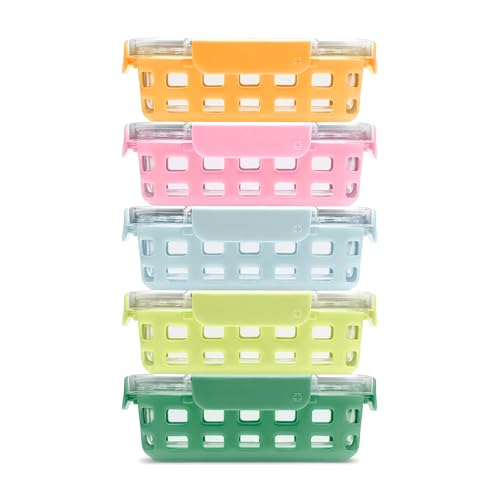 Ello Duraglass 3.4 Cup Meal Prep Sets 10Pc, 5 Pack Set- Glass Food Storage Container with Silicone Sleeve and Airtight BPA-Free Plastic Lids, Dishwasher, Microwave, and Freezer Safe, Meadow - color: Meadow
