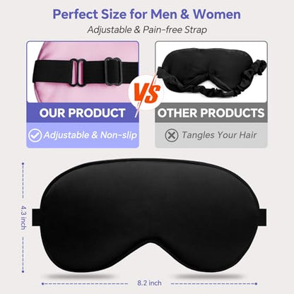 Flat Sleep Eye Mask for Men Women, Silk Sleep Mask for Side Sleeper, Travel Blackout Night Blindfold Eye Shade Cover with Adjustable Strap, Non-3D (Black & Pink) - color: Black & Pink