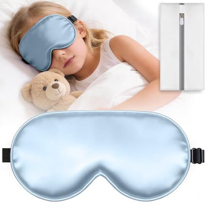 Kids Sleep Mask, Kids Eye Mask for Boys Girls, Kid Silk Eye Masks with Adjustable Strap for Sleeping, 100% Light-Blocking Sleep Eye Cover, Includes Protective Laundry Bag (Blue) - color: Blue