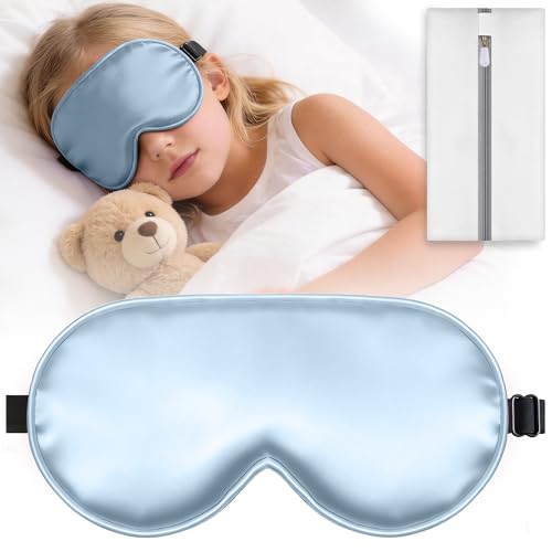 Kids Sleep Mask, Kids Eye Mask for Boys Girls, Kid Silk Eye Masks with Adjustable Strap for Sleeping, 100% Light-Blocking Sleep Eye Cover, Includes Protective Laundry Bag (Blue) - color: Blue
