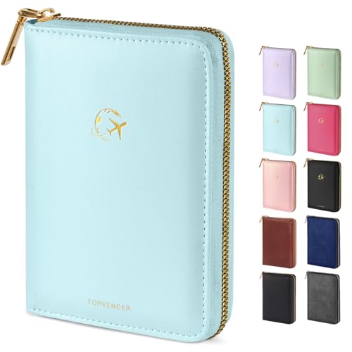 Forvencer Passport Holder Cover with Safe Zipper Closure, Premium Passport Wallet for Travel, Cute RFID Blocking Card Case, Waterproof Travel Accessories for Women, Light Blue - color: Light Blue, style: Zipper Closure