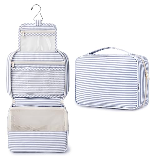 Narwey Small Hanging Travel Toiletry Bag for Women, Travel Bag for Toiletries, Makeup Bag Organizer Cosmetic Bags Make Up Bags for Girls - color: ZB-Greyish Blue Stripe
