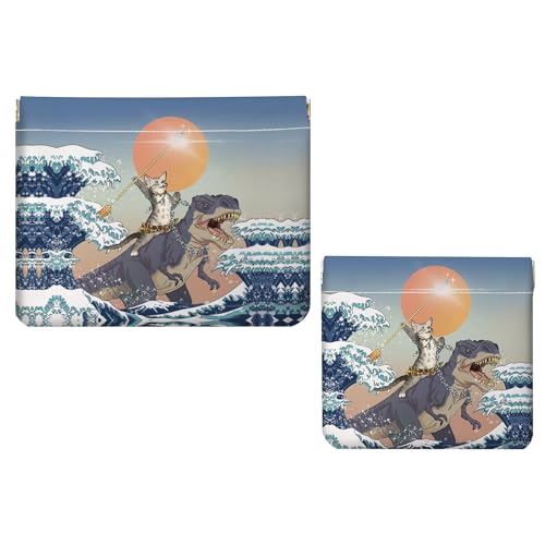 2 PCS PU Leather Small Makeup Bag Set for Purse,No Zipper Self-closing Cosmetic Bag, Portable Coin Purse Lipstick Accessories Organizer Travel Toiletry Storage Pouch for Women,Cats and Dinosaurs - color: Cats and Dinosaurs
