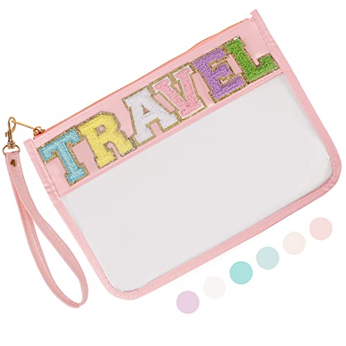 Iqimott Chenille Letter Clear Bag Travel Pouch, Monogram PVC & PU Makeup Cosmetic Bag Zipper Toiletry Pouch, Waterproof Portable Beach Snack Wristlet Bags for Women Girls(Travel, Pink) - color: Travel-Pink