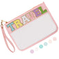 Iqimott Chenille Letter Clear Bag Travel Pouch, Monogram PVC & PU Makeup Cosmetic Bag Zipper Toiletry Pouch, Waterproof Portable Beach Snack Wristlet Bags for Women Girls(Travel, Pink) - color: Travel-Pink