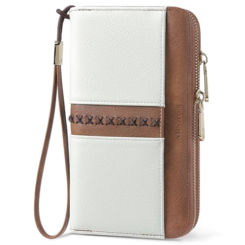 BOSTANTEN Wallets for Women Leather RFID Double Zipper Around Credit Card Holder Large Capacity Wristlet Clutch Wallet - color: Beige＆brown