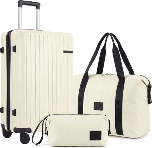 Hoteel Luggage Sets 3 Piece, 4-Yr Warranty, PC+ABS Suitcases with Wheels and Side Hook, Hardshell 20 inch Luggage with Duffel Bag Travel Bag, Beige(20/DB/TB) - color: Beige, size: 3 Piece Set (20/DB/TB)
