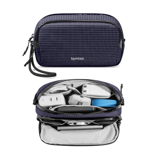 tomtoc Electronic Organizer Travel Case Performance, Water Resistant Dual Compartment Cable Organization Storage Bag for Charger, Cord, Phone, Hard Drive, Power Bank, Accessories Travel Essentials - color: Navy Blue Plaid, size: Medium
