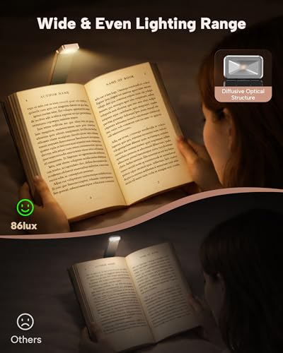 86lux Book Light, Rechargeable Clip-On LED Reading Light for Bed & Night Use - 3 Color Temperatures with Stepless Dimming, Ultralight Bookmark Design for Kids, Book Lovers, Pink Brown - color: Rose Gold
