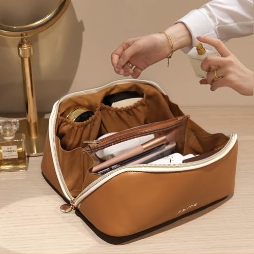 Prite Makeup Bag for Women Travel Waterproof Vegan Leather Cosmetic Bag Open Flat Toiletry Bag With Clear Divider and Handle (New Brown, Medium) - color: New Brown, size: Medium