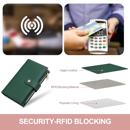 yiijay Womens Wallet RFID Blocking Leather Trifold Clutch Wallet Credit Card Holder Ladies Travel Wallet Purse with Pen Holder - color: 1Dark Green