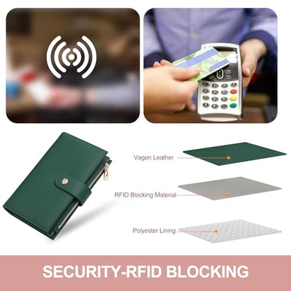 yiijay Womens Wallet RFID Blocking Leather Trifold Clutch Wallet Credit Card Holder Ladies Travel Wallet Purse with Pen Holder - color: 1Dark Green