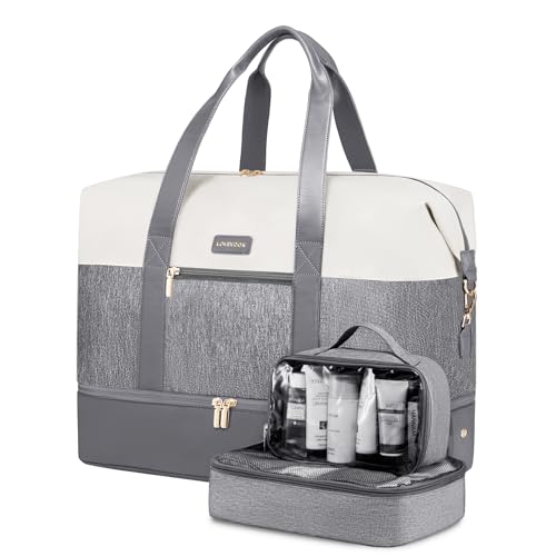 LOVEVOOK Weekender Bag for Women, Large Duffle Bag for Travel with 2 Packing Cubes, Carry on Overnight Bag with Shoe Compartment, Mom Hospital Bags for Labor and Delivery - color: Grey-Beige, size: 56L-3Pcs