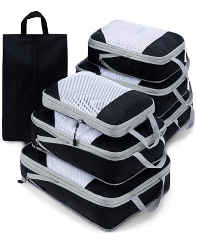 Meowoo 7 Set Compression Packing Cubes for Travel, Durable Ripstop Mesh Suitcase Organizer with Shoe Bag, Ultralight & Expandable Space Saver Travel Cubes - color: Black