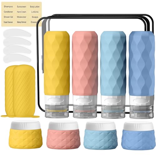 16Pack Travel Bottles for Toiletries, TSA Approved Travel Size Toiletries Containers Set, Silicone Leak Proof Refillable Bottles Elastic Sleeves Creams Jars Accessories Kit W/Clear Bag (Bright) - color: Bright