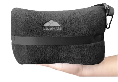 BlueHills Travel Blanket Pillow in Mini Soft Packable Case Premium Plush Airplane Blanket in Portable Compact Pack with Luggage Belt and Carabiner Long Flight Throw Essentials Lightweight- Black M05 - color: Black-m05
