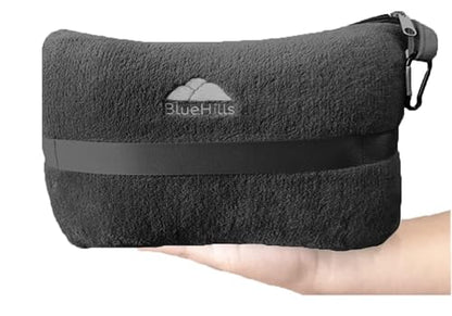 BlueHills Travel Blanket Pillow in Mini Soft Packable Case Premium Plush Airplane Blanket in Portable Compact Pack with Luggage Belt and Carabiner Long Flight Throw Essentials Lightweight- Black M05 - color: Black-m05