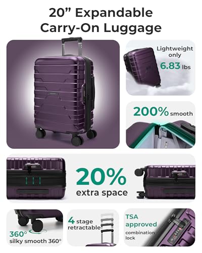 BAGSMART Carry On Luggage 22x14x9 Airline Approved with Spinner Wheels,Lightweight 20 Inch Luggage with TSA Lock,Expandable Hard Shell Carry On Suitcases for Men Women,Purple - color: Purple