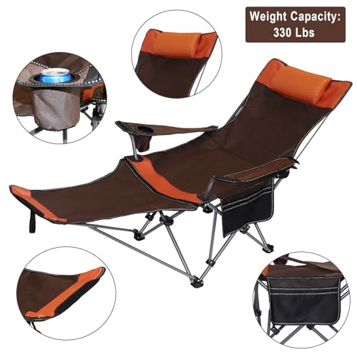 Camping Lounge Chair with Headrest Footrest and Storage Bag, Portable Folding Reclining Camping Chair with Foot Rest for Adults Outdoor Camping Beach Hiking Fishing (Orange Brown)