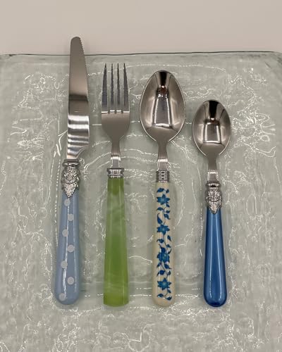 The Original Brink House Eclectic Blue Green Mix & Match Stainless Steel Cutlery Set / 16 pieces with Metal Stand/Lifestyle utensils set for home, first apartment, dorm, dinner parties - color: Eclectic Blue Green
