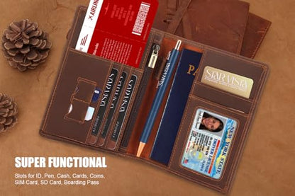 STAR VISTA Phoenix Leather Passport Holder, Full Grain Leather Travel Wallet- Slim, Bifold, RFID Blocking, ID Window, Coin Pocket, Card Slots, SIM Slots - color: Brown Cowhide