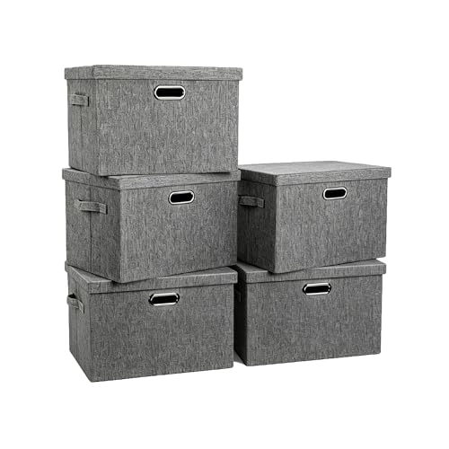 Collapsible Storage Bin with Lid Linen Fabric Foldable Storage Box Organizer with Cover Suitable for Home Bedroom Office Nursery (Grey, Small-5Pack) - color: Grey, size: Small-5Pack