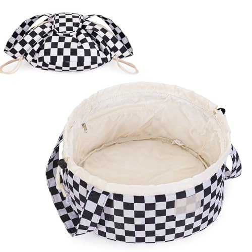 Narwey Barrel Drawstring Checkered Makeup Bag Large Cosmetic Bag Make up Bags Toiletry Bag Travel Bags for Toiletries Organizer for Women Gift for Teen Girls (Black Checkerboard) (Patent) - color: Z-Black Checkerboard
