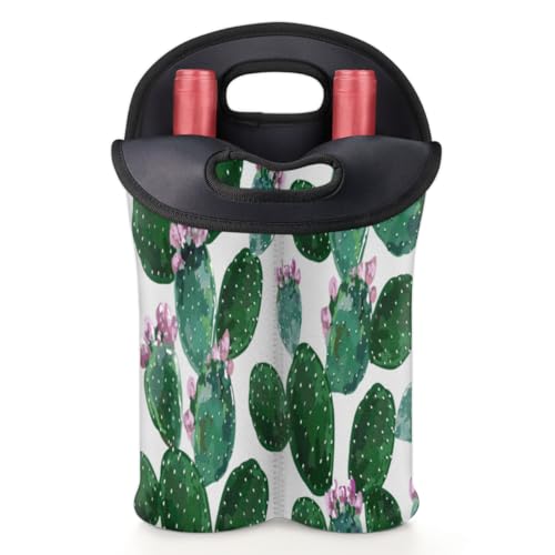 2 Bottle Wine Carrier Tote Bag Cute Cactus Insulated Neoprene Portable Bottle Holder Great Gift for Wine Lover, Great for Picnics Travel BYOB, Outdoor Entertaining