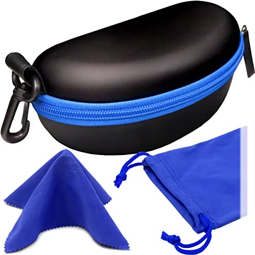 MyEyeglassCase Sports Sunglasses Case and Slim wallet Semi hard large glasses case w/belt clip soft pouch & cloth - color: B701 XL Black/Blue