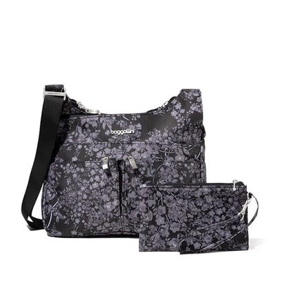 Baggallini Crossbody Travel Bag 11x8.5 Lightweight Water-resistant Nylon Handbag - color: Black Hydrangea