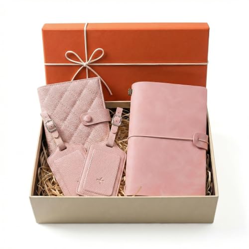 Passport Holder and Luggage Tag Set, Retirement Gifts for Women, Travel Document Organizer with Journal Notebook, Cute Pink Cruise Essentials Gift Box