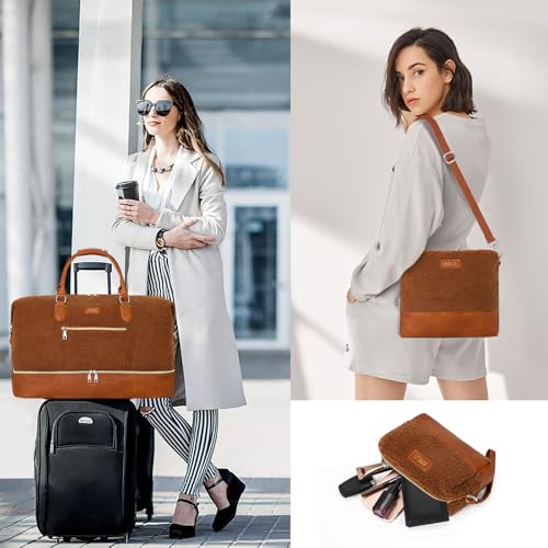 ITIEZY Weekender Overnight Bag for Women - Large Travel Duffel Bag with Shoe Compartment, Gym Duffel Bag Hospital Bag Carry On Tote Bags for Airplanes with Crossbody Bag Toiletry Bag 3Pcs Set - color: 8a-Brown