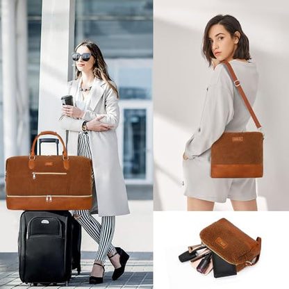 ITIEZY Weekender Overnight Bag for Women - Large Travel Duffel Bag with Shoe Compartment, Gym Duffel Bag Hospital Bag Carry On Tote Bags for Airplanes with Crossbody Bag Toiletry Bag 3Pcs Set - color: 8a-Brown