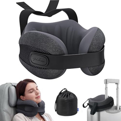ZIKEE Dual-Layer Memory Foam Neck Pillow for Airplane, Travel Pillow with Seat Straps to Secure Head & Neck, Ergonomic Ear-Friendly Neck Pillow for Traveling with Breathable Vent Holes, Airy Cover